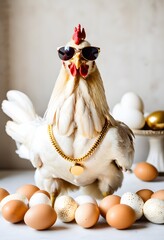 White Rooster with Sunglasses, Gold Necklace, and Eggs