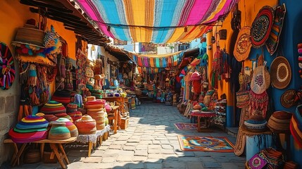 Obraz premium Colorful open-air market stall showcasing vibrant textiles and handicrafts, perfect for Cinco de Mayo celebrations, festivals, or cultural events.