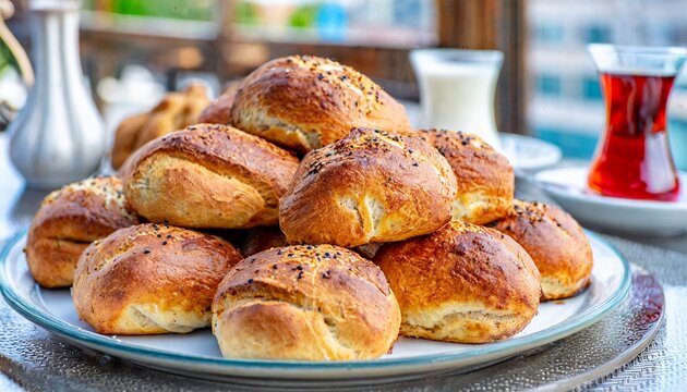 Turkish cuisine- Detailed view of a plate of A&ccedil;ma, Turkish soft bread rolls, Turkish pastry
