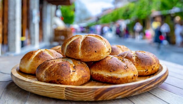 Turkish cuisine- Detailed view of a plate of A&ccedil;ma, Turkish soft bread rolls, Turkish pastry