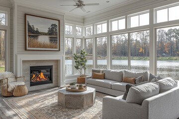 Fototapeta premium Elegant farmhouse-style sunroom with fireplace, large windows overlooking the lake, gray sofa, hexagonal coffee table, and sophisticated decor.