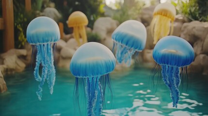 Vibrant blue and orange jellyfish floating in a shallow pool of water surrounded by rocks and greenery.