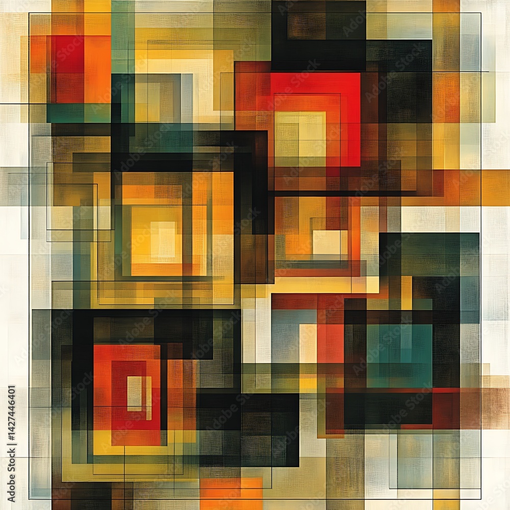 Poster abstract geometric design with overlapping squares and rectangles in warm and cool tones