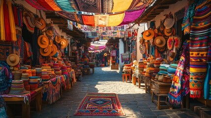 Fototapeta premium A vibrant open-air market filled with colorful textiles, hats, and handicrafts, perfect for Cinco de Mayo celebrations, cultural events, or lifestyle blogs.