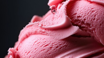 Close-up of a scoop of pink ice cream.  Textured surface, swirls, and droplets