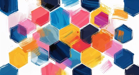 colorful hexagons acrylic brush strokes abstract pattern art design on plain white background illustration