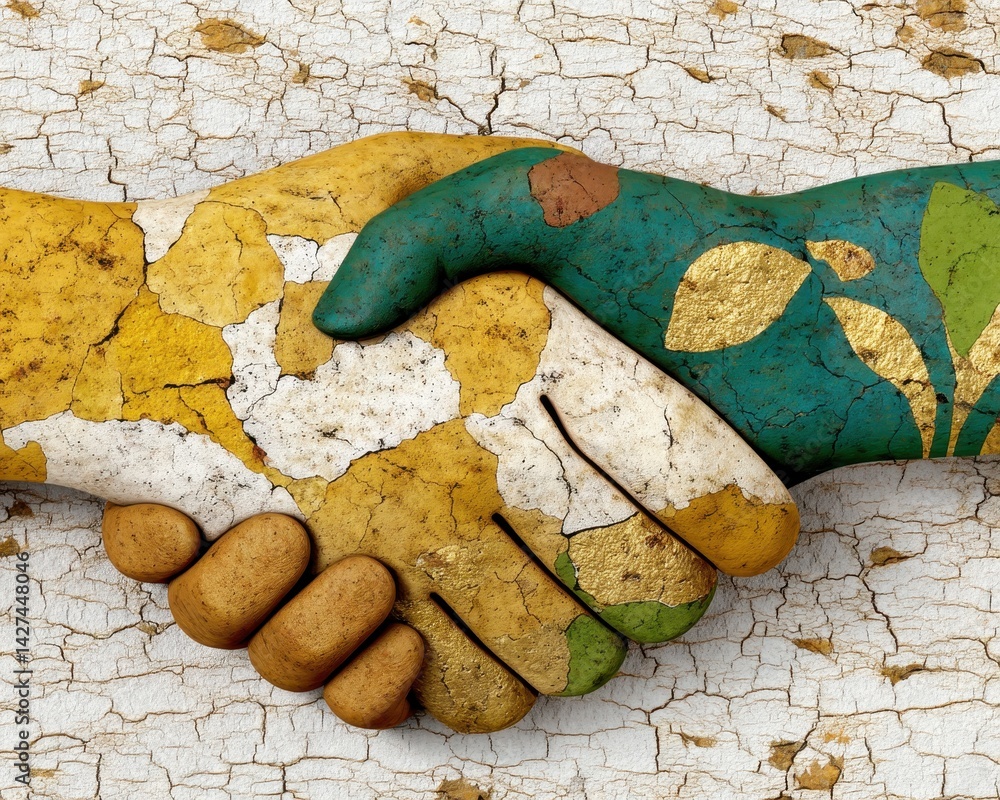 Poster colorful hands shaking in artistic representation of unity and connection in a textured background