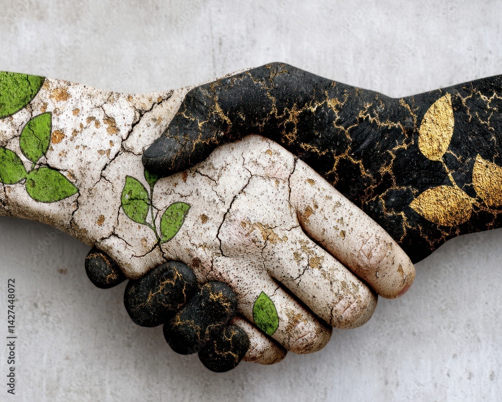 Poster hands embracing nature: a silhouette representation of unity and diversity with leaf patterns on dif