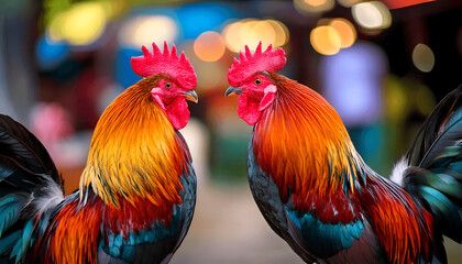 2 Rooster Prepare for Fight With Bokeh Background