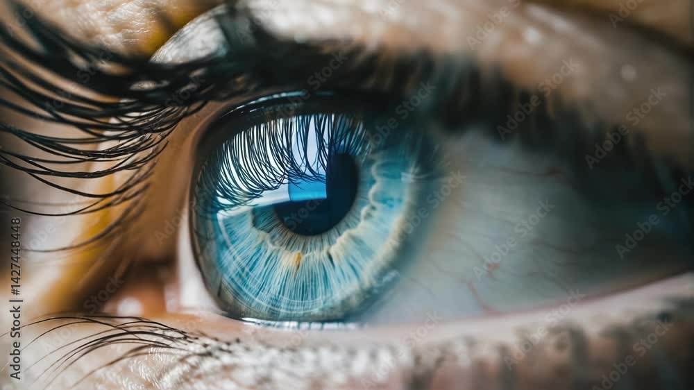 Poster an extreme closeup of a human eye with a thin translucent implant lining the iris subtly reflecting 