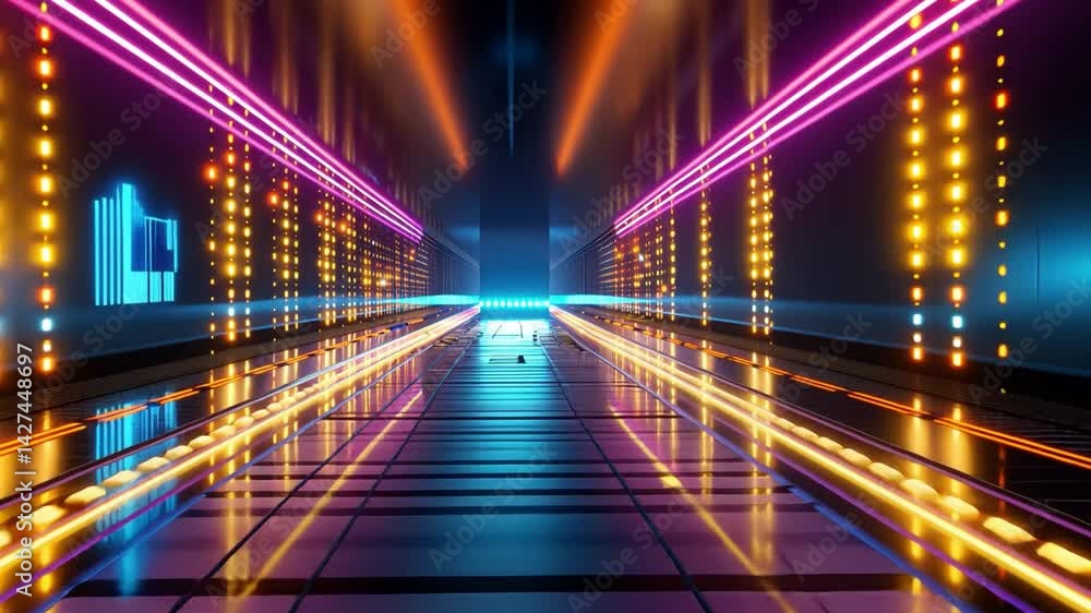 Poster vibrant futuristic corridor with colorful neon lights dynamic atmosphere of reflection and technolog