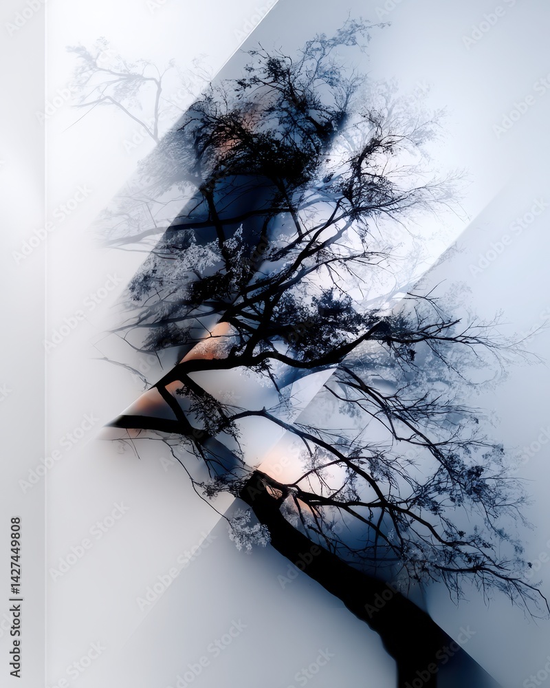 Poster abstract minimalist double exposure art featuring tree silhouette on soft background in artistic doo