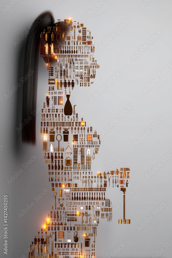 Poster artistic double exposure of silhouette with various objects in a profile view for creative and moder