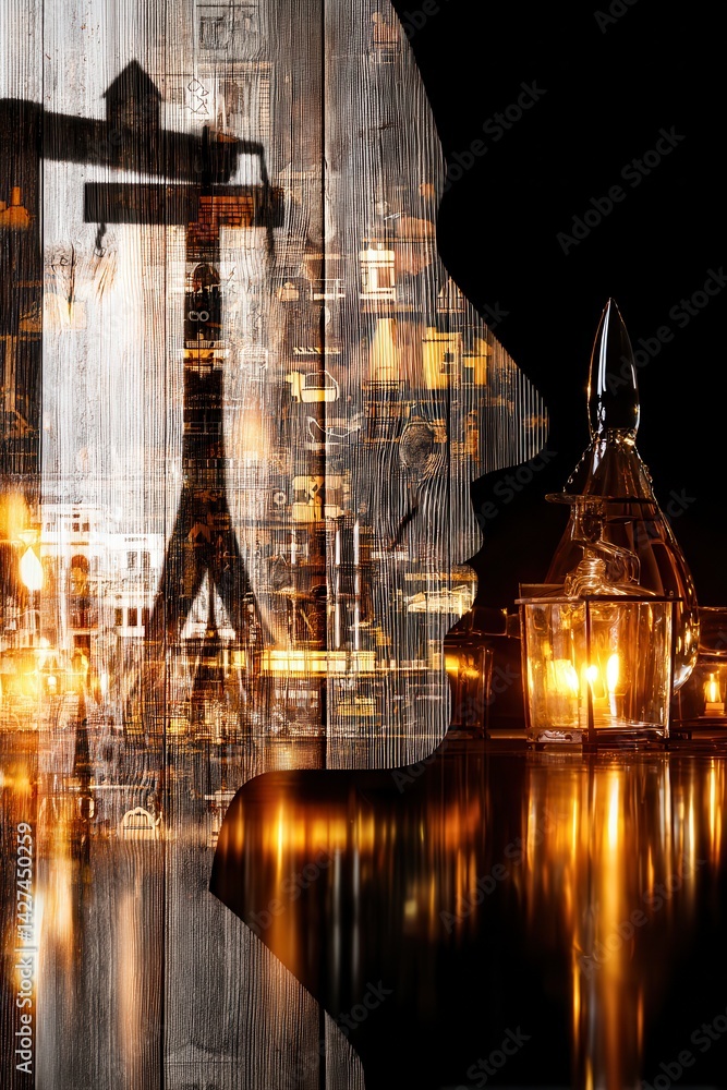 Poster conceptual representation of industry and innovation merged with profile view in double exposure tec