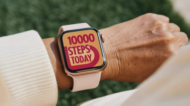 A close view of a joyful elderly ladys wrist adorned with a smarch the screen depicting a motivational message about reaching 10000 steps today embodying encouragement and