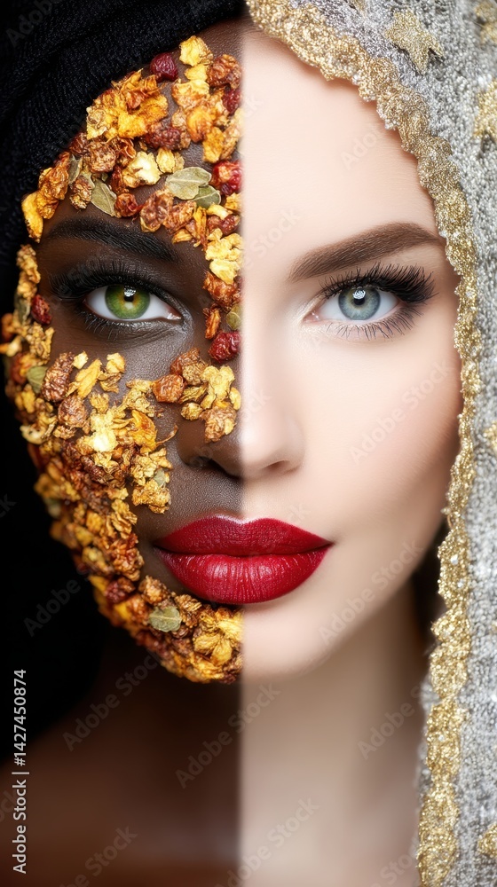 Poster duality of beauty: exploring the contrast of two faces with unique features and textures in flat ico
