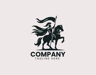 Naklejka premium Epic Warrior Silhouette Horse Standing Flag Vector Logo Design, Majestic Warrior on Horseback Holding Flag Logo