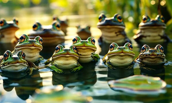 A vibrant group of frogs resting on lily pads in a serene pond surrounded by lush greenery
