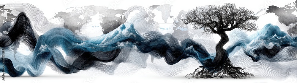 Poster abstract concept of global connection illustration featuring tree and ocean waves in double exposure