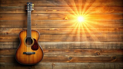 Fototapeta premium Aged guitar with sunburst color finish against warm wood background