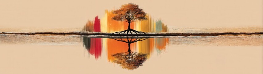 Vibrant Reflection of a Tree Over Water with Colorful Background in Double Exposure Technique