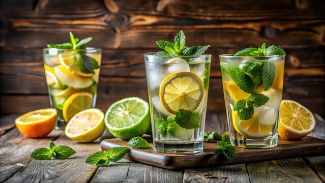 Colorful glassware on a wooden table with a refreshing mojito drink, garnished with lemon slices and fresh mint leaves in a stylish arrangement , refreshing drinks, mojitos