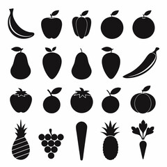 Set of 20 Black Silhouette Fruits and Vegetables