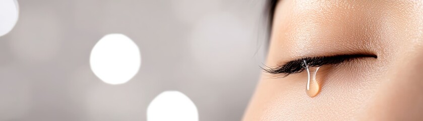 Fototapeta premium A close-up of a woman's eye with a tear cascading down her cheek, set against a softly blurred background.