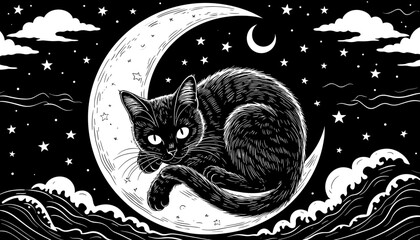 Black cat resting on crescent moon against starry night sky  