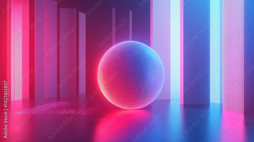 Poster abstract ai sphere floating with lines of code around it in a glowing room, symbol of machine learni