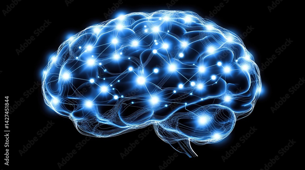 Poster abstract digital brain with circuit lines and neural nodes glowing on a dark background, symbolizing
