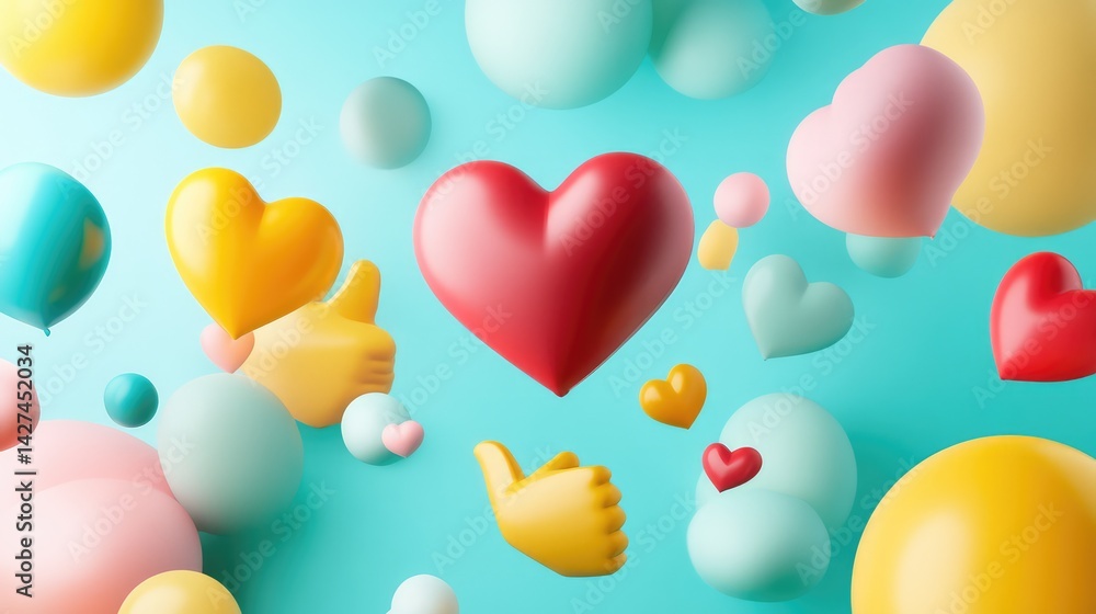 Poster abstract floating d thumbs-up and heart icons with clean background, modern design with center copy 