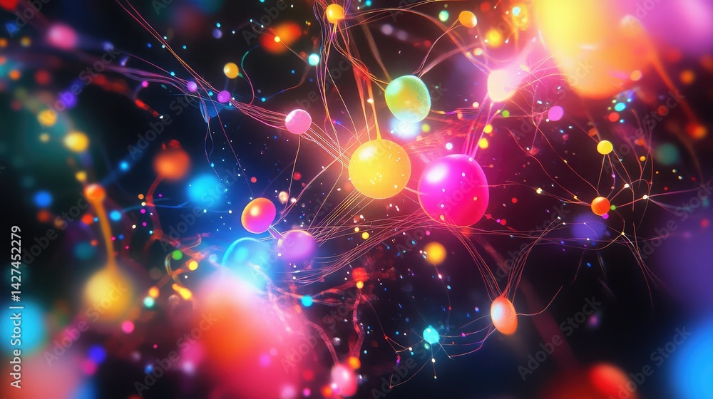 Poster abstract representation of ai-powered innovation, with bright neural network pathways and data point