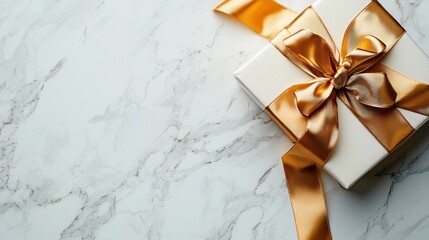 A luxurious gift box wrapped in shimmering gold foil with an elaborate satin ribbon bow, placed on marble surface with soft lighting
