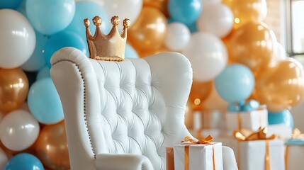 Balloon-covered birthday throne chair, oversized crown balloon behind seat, presents piled nearby