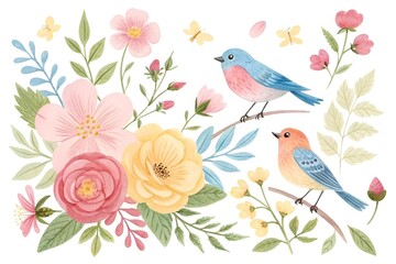 Whimsical Spring Birds and Floral Pastel Illustration Art