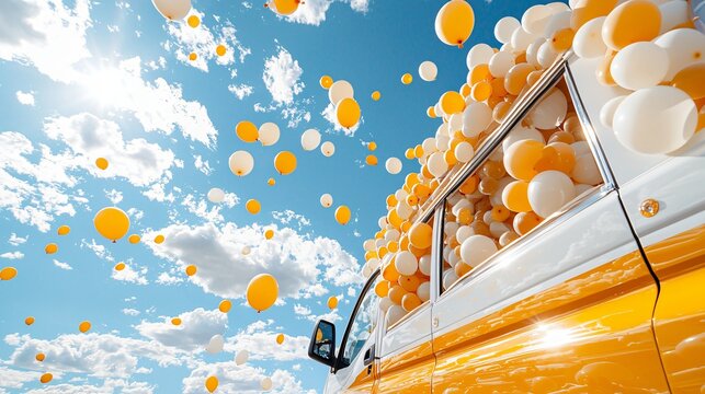 Balloon-covered party bus exterior, windows filled with more balloons, ready for celebratory ride