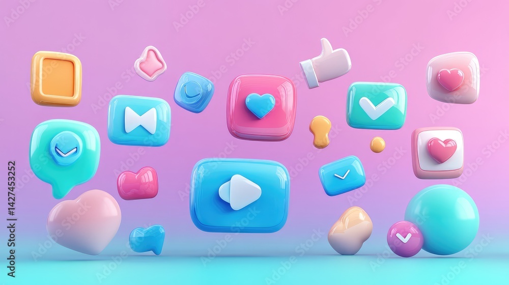 Poster collection of floating d notification bubbles likes, messages, follows on a gradient background with