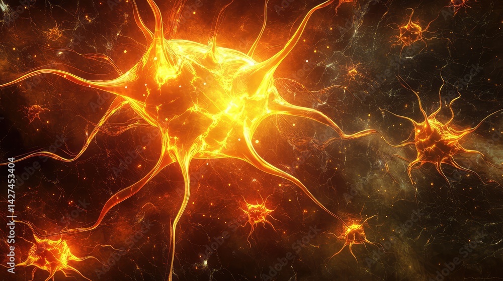 Poster conceptual image of a neural network processing data with glowing nodes, depicting the foundation of
