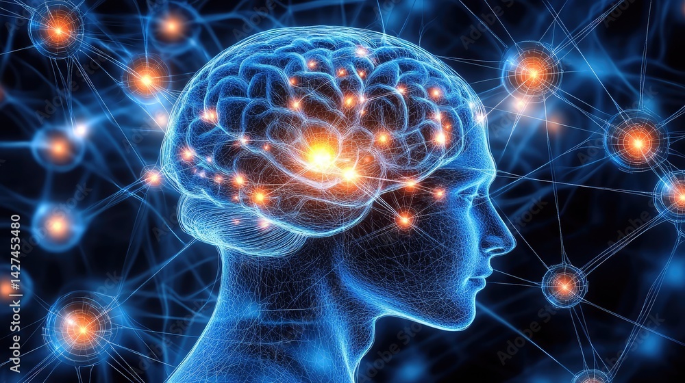 Poster concept of ai technology in digital innovation, represented by glowing data connections, neural netw