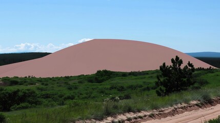 Obraz premium Serene desert where dunes form the shape of a sleeping giant their curves accentuated by shadows symbolizing peace found in stillness