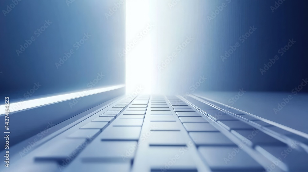 Aufkleber data flowing upward from a keyboard to a holographic screen, clean minimalist workspace