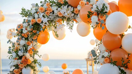 Balloon garland framing ceremony arch, wedding balloons mixed with flowers, romantic sunset lighting