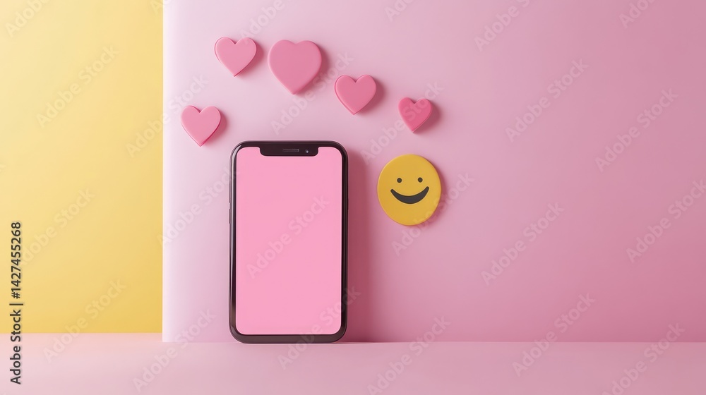 Poster floating heart, smiley, and comment icons above smartphone with clean interface and blank screen for