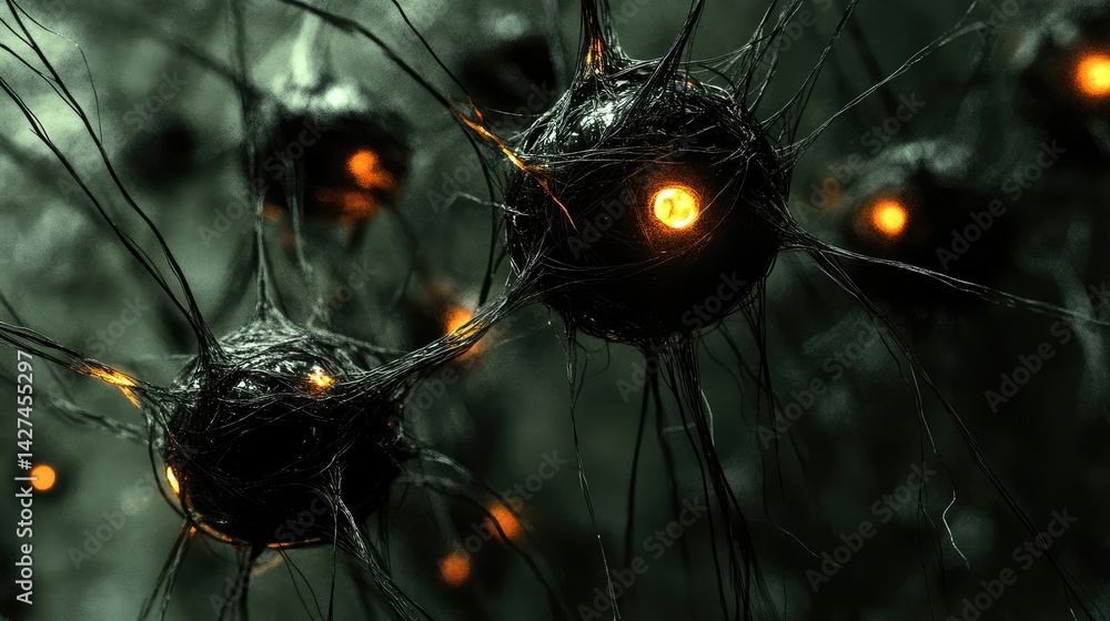 Poster floating neural network visuals connected by glowing nodes, symbolic of artificial cybernetic system