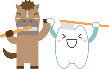 かわいい歯のキャラクターが干支の馬（午年）と一緒に歯磨きしている素材