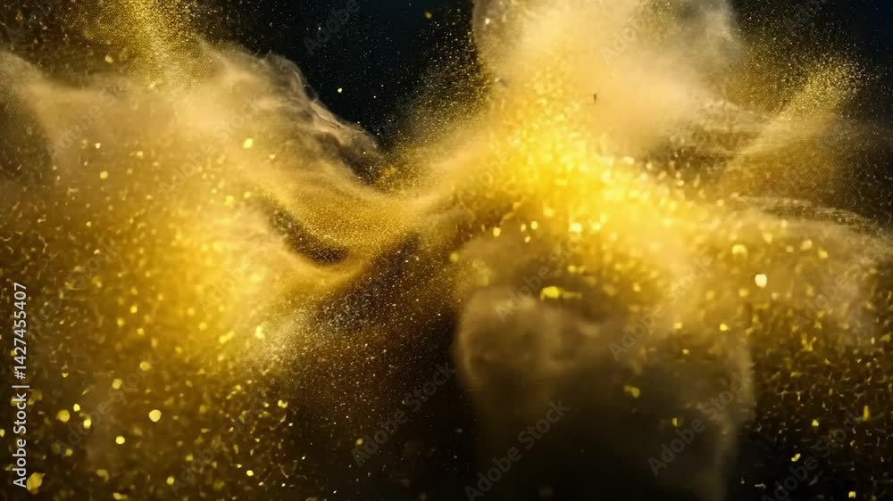 Poster golden dust particles swirl and blend in mesmerizing display, creating magical and ethereal atmosphe