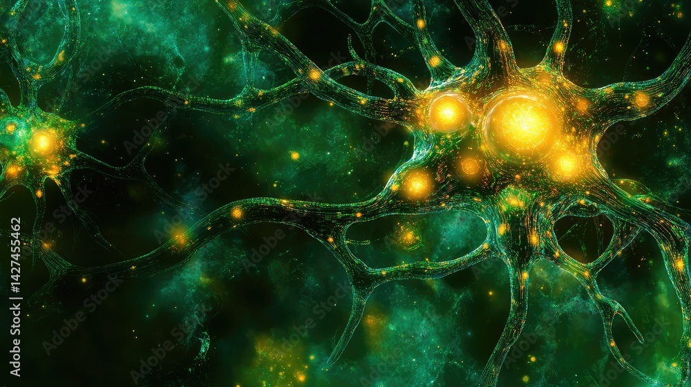 Poster futuristic ai neural network representation with interconnected digital pathways and glowing data no