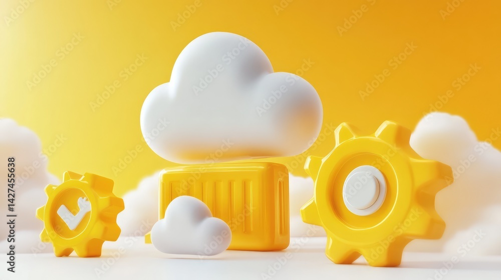 Poster gear icons turning into cloud sync icons on a bright interface, transformation in progress