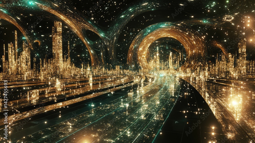 Poster glowing abstract neural network with connected pathways in a futuristic technological landscape